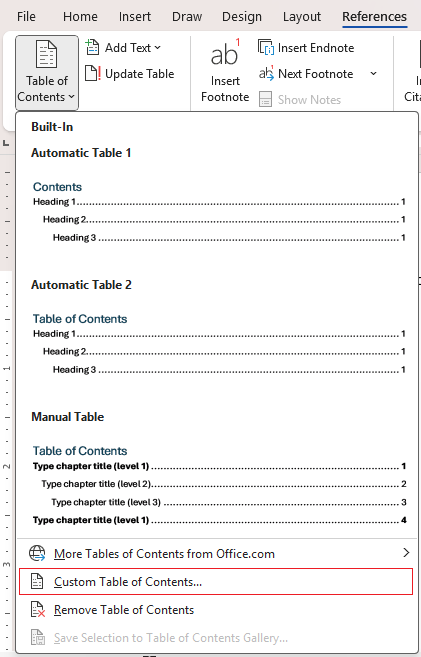 Custom TOC button in Word ribbon, opens advanced formatting options